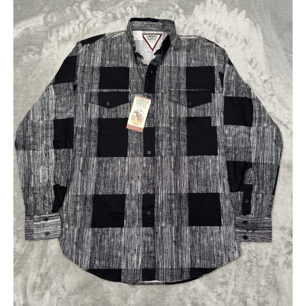 Vintage Cowboys Turtle Shirt Mens Medium Black Checkered Long Sleeve Western 90s